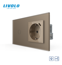 Прохідний сенсорний димер LIVOLO з розеткою та USB Type-C 18Вт, золотий матовый, із заземленням і захисними шторками