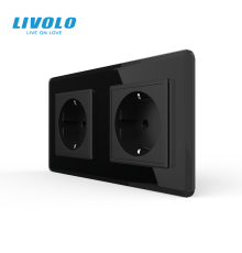 Подвійна електрична розетка з заземленням LIVOLO, чорна, скляна 2.5D рамка, шторки, 250В 16А