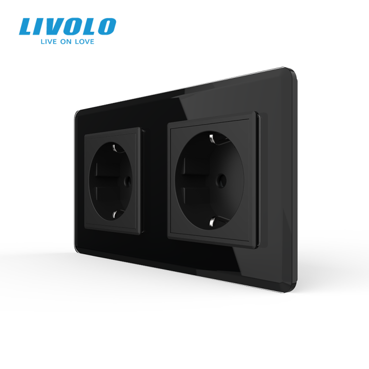 Подвійна електрична розетка з заземленням LIVOLO, чорна, скляна 2.5D рамка, шторки, 250В 16А · LIVOLO · VL-C7FCTC16A-4BS05