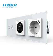 Терморегулятор + прохідний подвійний сенсорний димер + USB Type-C 18Вт LIVOLO, білий скляний
