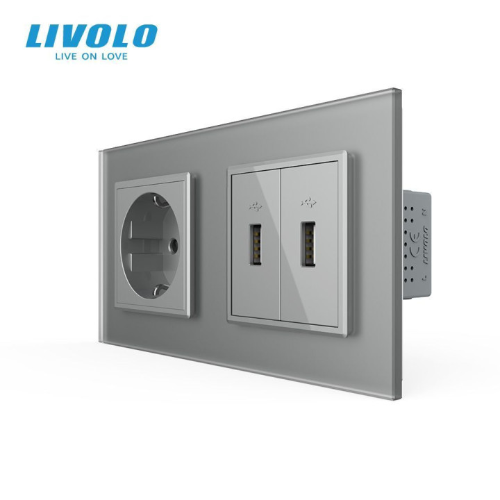 Розетка з заземленням з 2 USB розетками LIVOLO сіра матова скло · LIVOLO · VL-C7FCTC16A/FCUA/FCUA-4IS06
