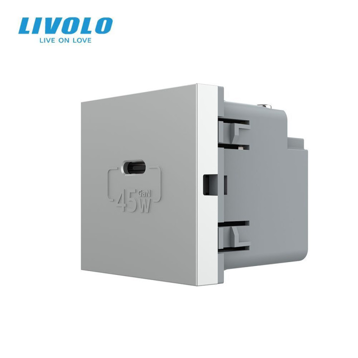 USB Type-C розетка LIVOLO, PD 45W, Power Delivery, швидка зарядка, сіра, модуль (VL-FCUC-2IP) · LIVOLO · VL-FCUC-2IP