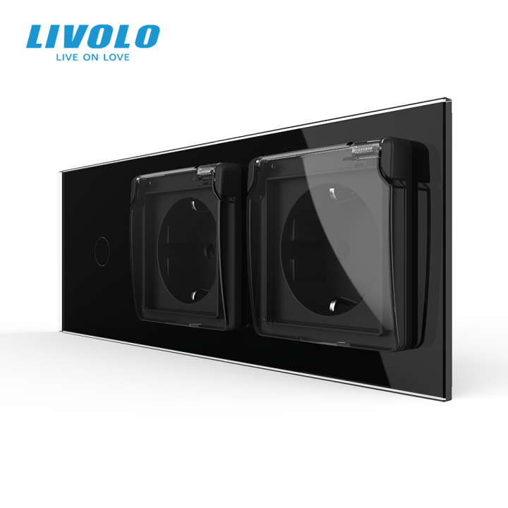 Сенсорний димер LIVOLO з двома розетками IP44, чорний матовый, скло, 16A 230V, із заземленням, шторки · LIVOLO · VL-C7FC1D/FCTC16A/FCTC16A/XW001-6BS06