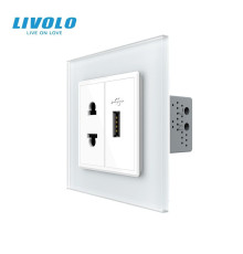 Розетка універсальна з USB розеткою LIVOLO біла матова скло