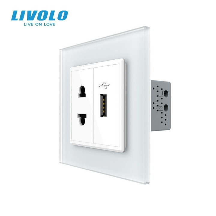 Розетка універсальна з USB розеткою LIVOLO біла матова скло · LIVOLO · VL-C7FCT25/FCUA-2WS06