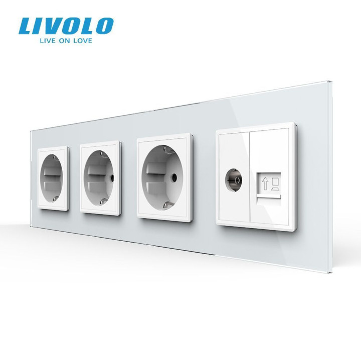 Розетка чотиримісна комбінована Силова Інтернет ТБ LIVOLO біла 2.5D скло · LIVOLO · VL-C7FCTC16A/FCCP/FCTV-8WS05