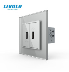 Розетка подвійна USB з блоком живлення Livolo сірий скло (VL-C792U-15)