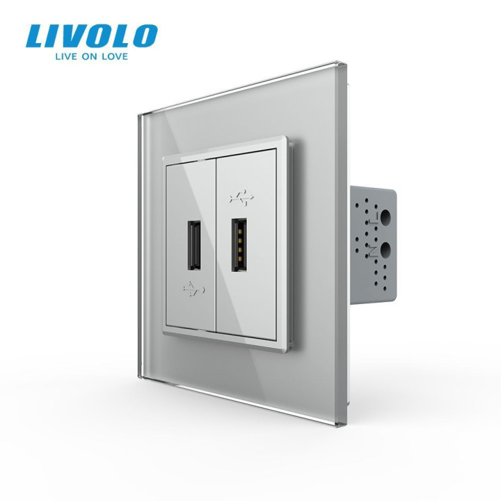Розетка подвійна USB з блоком живлення Livolo сірий скло (VL-C792U-15) · LIVOLO · VL-C7FCUA/FCUA-2IP