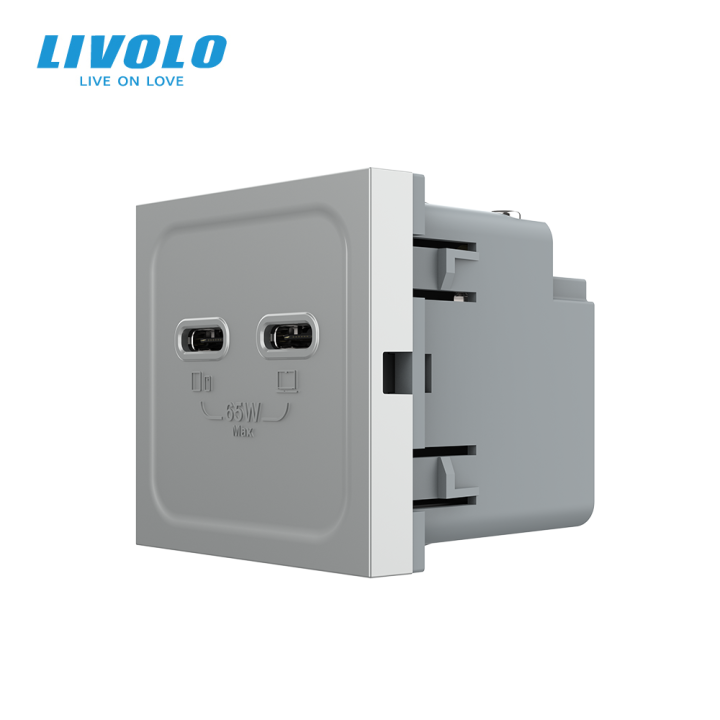USB Type-C розетка LIVOLO, PD 65W, Power Delivery, швидка зарядка, сіра, модуль · LIVOLO · VL-FCUC.UC-2IP