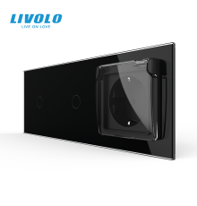 Прохідний сенсорний димер LIVOLO 2 сенсори (1-1) з розеткою IP44, кришка, 16A 230V, заземлення, чорний матовый скло