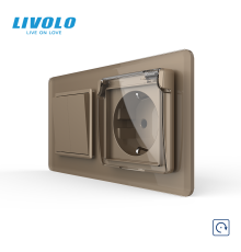 Вимикач без фіксації подвійний з розеткою кришка IP44 LIVOLO золотий 2.5D скло, із заземленням, захисні шторки