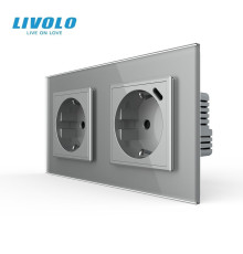 Подвійна розетка LIVOLO з USB Type-C 18Вт, із заземленням, шторки, сіра, скляна рамка, 250В, 16А