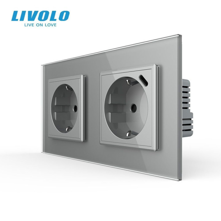 Подвійна розетка LIVOLO з USB Type-C 18Вт, із заземленням, шторки, сіра, скляна рамка, 250В, 16А · LIVOLO · VL-C7FCTC16A/CTF16A.UC18W-4IP