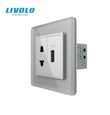 Розетка універсальна з USB розеткою LIVOLO сіра 2.5D скло