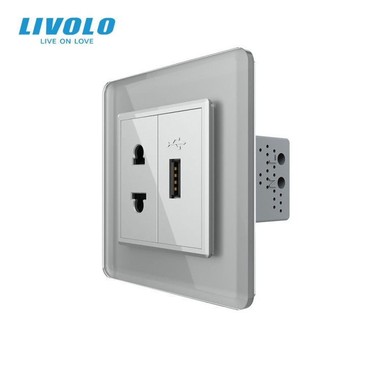 Розетка універсальна з USB розеткою LIVOLO сіра 2.5D скло · LIVOLO · VL-C7FCT25/FCUA-2IS05