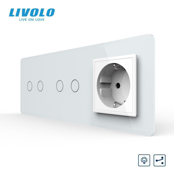 Сенсорний прохідний димер LIVOLO 4 сенсори (2-2) з розеткою, білий 2.5D скло, 16A 230V, заземлення, захисні шторки · LIVOLO · VL-C7FC2SD/FC2SD/FCTC16A-6WS05