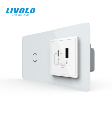 Сенсорний (дотиковий) вимикач LIVOLO з розеткою USB-A + USB-C 36Вт білий 2.5D скляна рамка