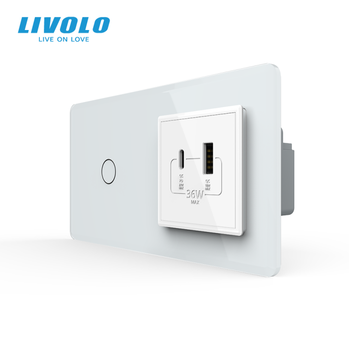 Сенсорний (дотиковий) вимикач LIVOLO з розеткою USB-A + USB-C 36Вт білий 2.5D скляна рамка · LIVOLO · VL-C7FC1/FCUA18W.UC18W-4WS05