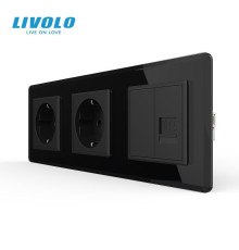 Розетка тримісна комбінована Силова Інтернет LIVOLO чорна 2.5D скло