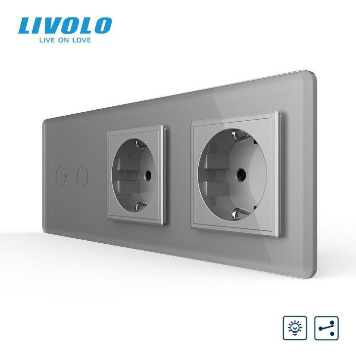 Сенсорний прохідний димер LIVOLO 2 сенсори з 2 розетками, сірий 2.5D, скло, 2A 230V · LIVOLO · VL-C7FC2SD/FCTC16A/FCTC16A-6IS05