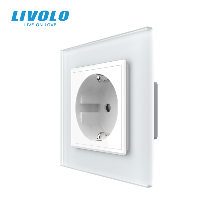 Електрична розетка з заземленням LIVOLO, біла, скляна матова рамка, шторки, 250В 16А · LIVOLO · VL-C7FCTC16A-2WS06