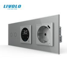 Терморегулятор + прохідний подвійний сенсорний димер + USB Type-C 18Вт LIVOLO, сірий скляний