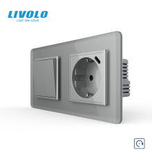 Подвійний вимикач без фіксації LIVOLO з розеткою та USB Type-C 18Вт, сірий 2.5D, скло, заземлення