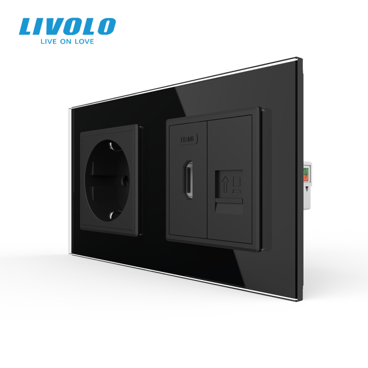 Розетка LIVOLO з HDMI і інтернет портом RJ-45, чорна, настінна дизайнерська, скляна рамка · LIVOLO · VL-C7FCTC16A/FCHD/FCCP-4BP