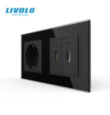 Розетка LIVOLO з USB 10Вт, інтернет портом RJ-45 і HDMI, чорна, настінна дизайнерська, скляна рамка