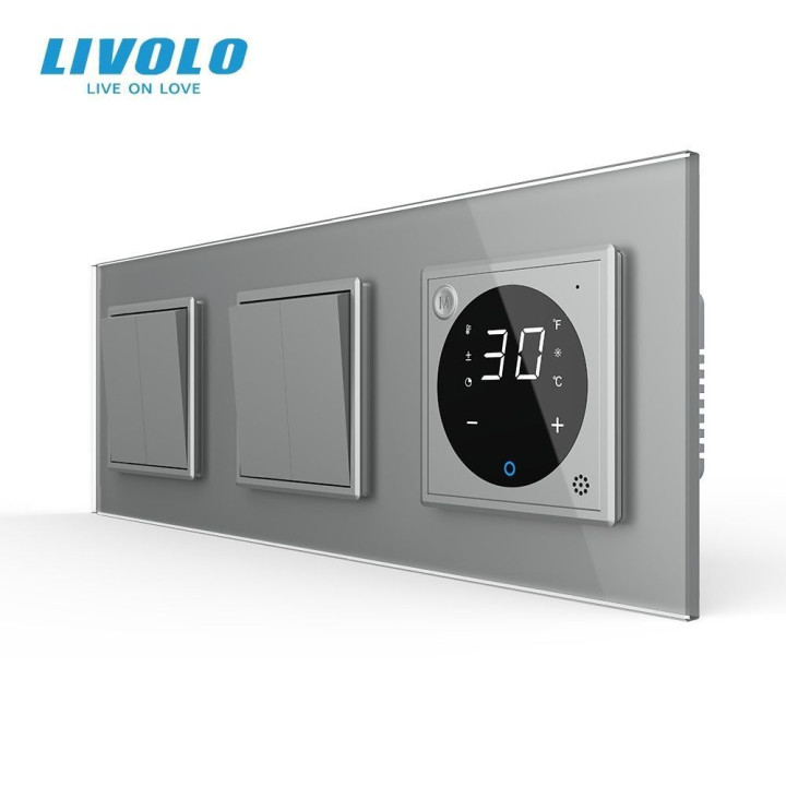 Терморегулятор для теплої підлоги LIVOLO з перехресним 4-клавішним вимикачем (2-2), сірий, скляна рамка · LIVOLO · VL-C7FCMM10A1/FCMM10A1/FCQ1-6IP