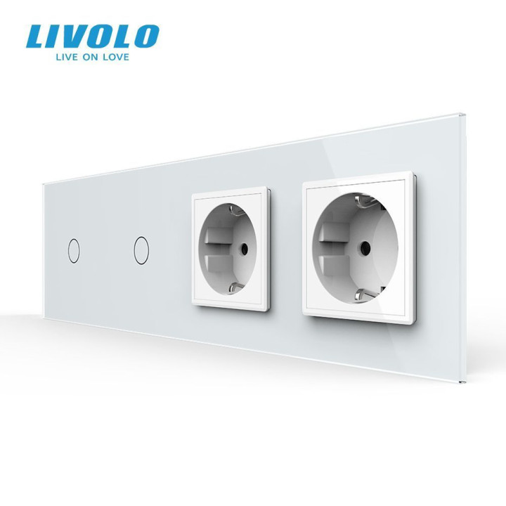 Сенсорний вимикач 2 сенсора (1-1) 2 розетки Livolo білий скло (VL-C701/C701/C7C2EU-11) · LIVOLO · VL-C701/C701/C7C2EU-11