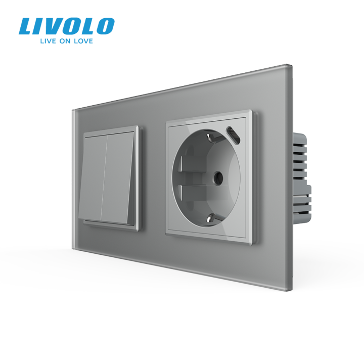 Двоклавішний перехресний вимикач LIVOLO з розеткою та USB Type-C 18Вт, сірий матовый, скло, заземлення · LIVOLO · VL-C7FCMM10A1/FCTF16A.UC18W-4IS06