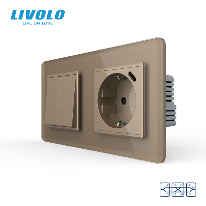 Двоклавішний перехресний вимикач LIVOLO з розеткою та USB Type-C 18Вт, золотий 2.5D, скло, заземлення · LIVOLO · VL-C7FCMM10A1/FCTF16A.UC18W-4AS05