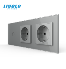 Сенсорний прохідний димер LIVOLO з 2 розетками, сірий матовый, скло, 2A 230V