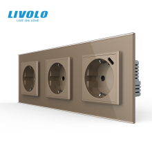 Розетка LIVOLO з USB Type-C 18Вт, із заземленням, шторки, золота, скляна рамка, 250В 16А