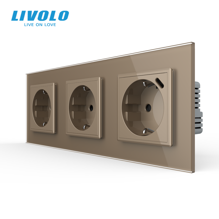Розетка LIVOLO з USB Type-C 18Вт, із заземленням, шторки, золота, скляна рамка, 250В 16А · LIVOLO · VL-C7FCTC16A/CTF16A.UC18W-6AP