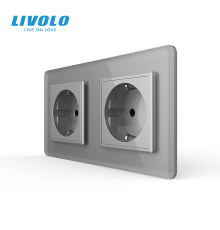 Подвійна електрична розетка з заземленням LIVOLO, сіра, скляна 2.5D рамка, шторки, 250В 16А