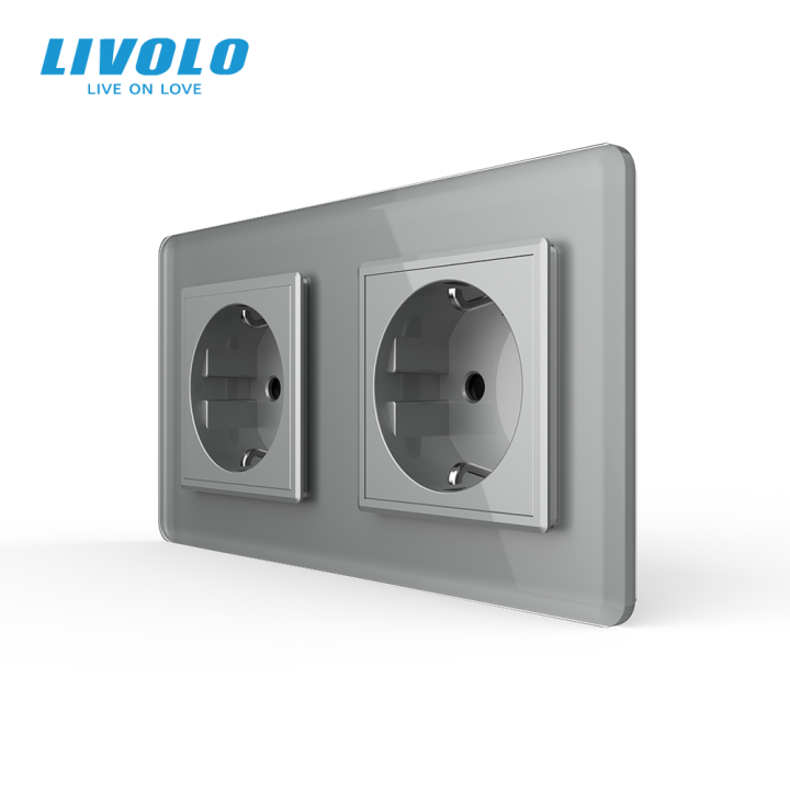 Подвійна електрична розетка з заземленням LIVOLO, сіра, скляна 2.5D рамка, шторки, 250В 16А · LIVOLO · VL-C7FCTC16A-4IS05