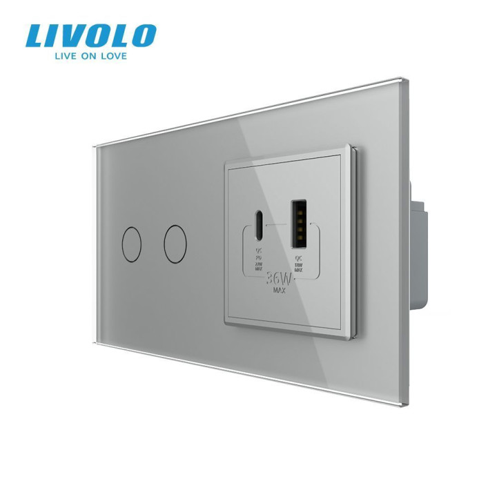 Сенсорний (дотиковий) подвійний вимикач LIVOLO з розеткою USB-A + USB-C 36Вт сірий скло · LIVOLO · VL-C7FC2/FCUA18W.UC18W-4IP