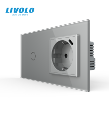 Сенсорний димер з розеткою USB Type-C 18Вт LIVOLO 16А 230В, із заземленням, шторки, сірий, скло