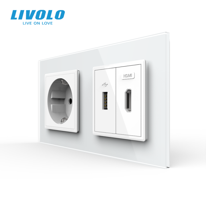 Розетка LIVOLO з USB 10Вт, інтернет портом RJ-45 і HDMI, біла, настінна дизайнерська, скляна рамка · LIVOLO · VL-C7FCTC16A/FCUA/FCHD-4WP