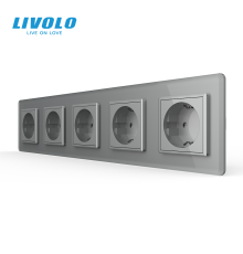 П’ятимісна електрична розетка з заземленням LIVOLO, сіра, скляна 2.5D рамка, шторки, 250В 16А