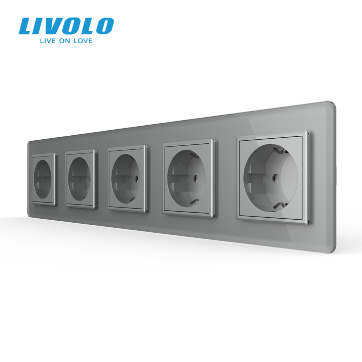 П’ятимісна електрична розетка з заземленням LIVOLO, сіра, скляна 2.5D рамка, шторки, 250В 16А · LIVOLO · VL-C7FCTC16A-10IS05