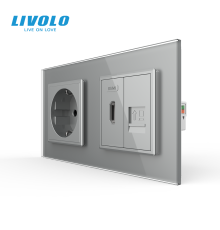 Розетка LIVOLO з HDMI і інтернет портом RJ-45, сіра, настінна дизайнерська, скляна рамка