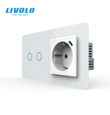 Сенсорний (дотиковий) подвійний вимикач LIVOLO з USB Type-C 18 Вт білий 2.5D 16 А 230 В із заземленням шторки скло