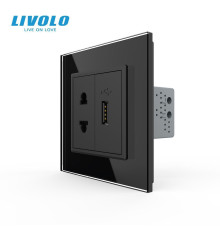 Розетка універсальна з USB розеткою Livolo чорний скло (VL-C7C1AUSB-12)