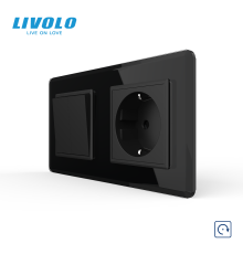 Вимикач без фіксації подвійний з розеткою LIVOLO чорний 2.5D скло, 16А 230В, із заземленням, захисні шторки