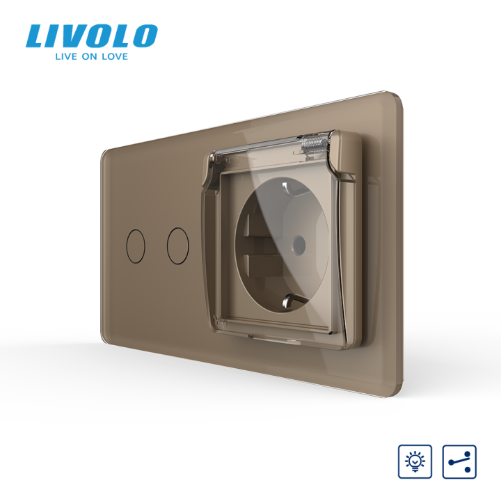 Прохідний сенсорний димер LIVOLO 2 сенсори з розеткою IP44, золотий 2.5D, 16A 230V, із заземленням, шторки · LIVOLO · VL-C7FC2SD/FCTC16A/XW001-4AS05