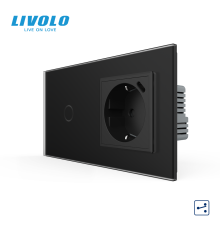 Сенсорний прохідний вимикач LIVOLO з розеткою та USB Type-C 18Вт, чорний матовый, скло, із заземленням