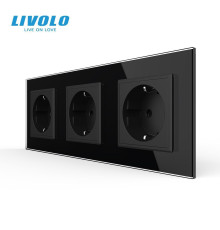 Потрійна електрична розетка з заземленням LIVOLO, чорна, скляна рамка, шторки, 250В 16А (VL-C7C3EU-12)